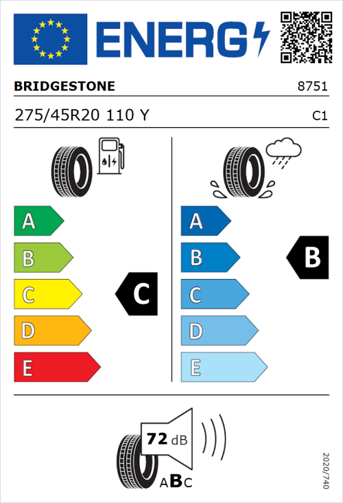 Tyre Label for Bridgestone Dueler H/P Sport 275/45R20 110Y