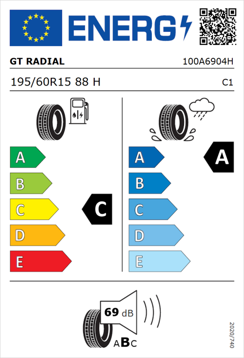 Tyre Label for GT Radial FE2 195/60R15 88H