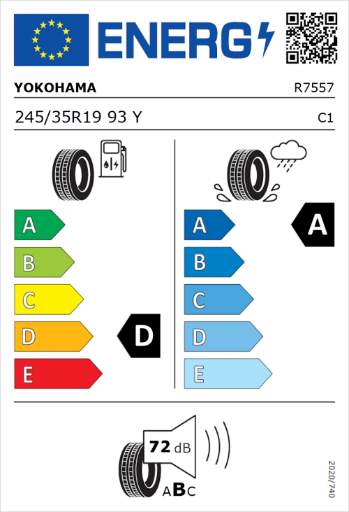 Tyre Label for Yokohama Advan Sport V107 245/35R19 93Y