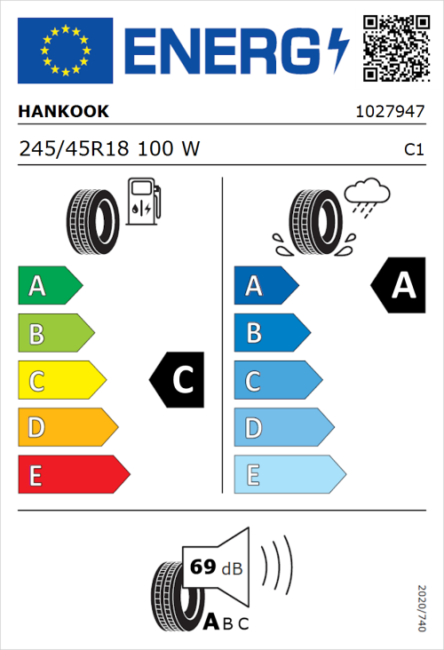 Tyre Label for Hankook Ventus Prime 4 (K135) 245/45R18 100W