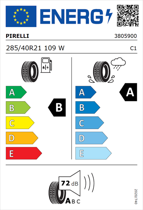 Tyre Label for Pirelli P Zero 285/40R21 109W