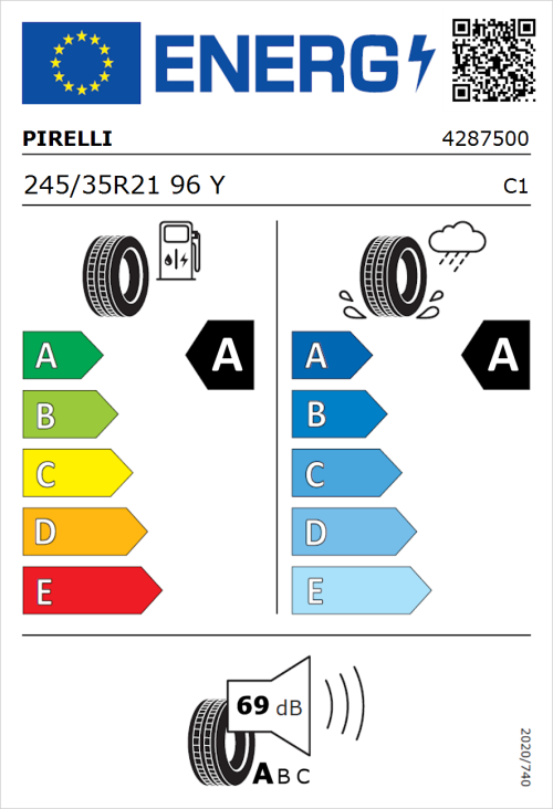 Tyre Label for Pirelli P ZERO E 245/35R21 96Y