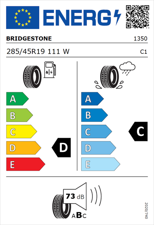 Tyre Label for Bridgestone Dueler H/P Sport 285/45R19 111W