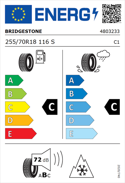 Tyre Label for Bridgestone Dueler A/T 002 255/70R18 116S