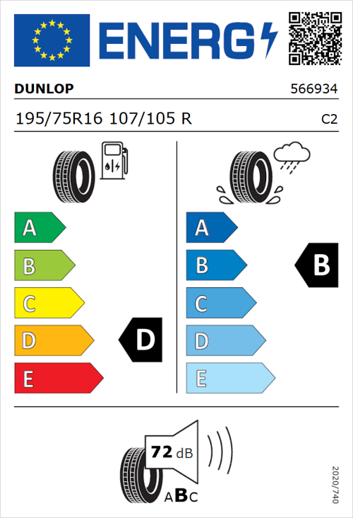 Tyre Label for Dunlop Econodrive 195/75R16 107/105R
